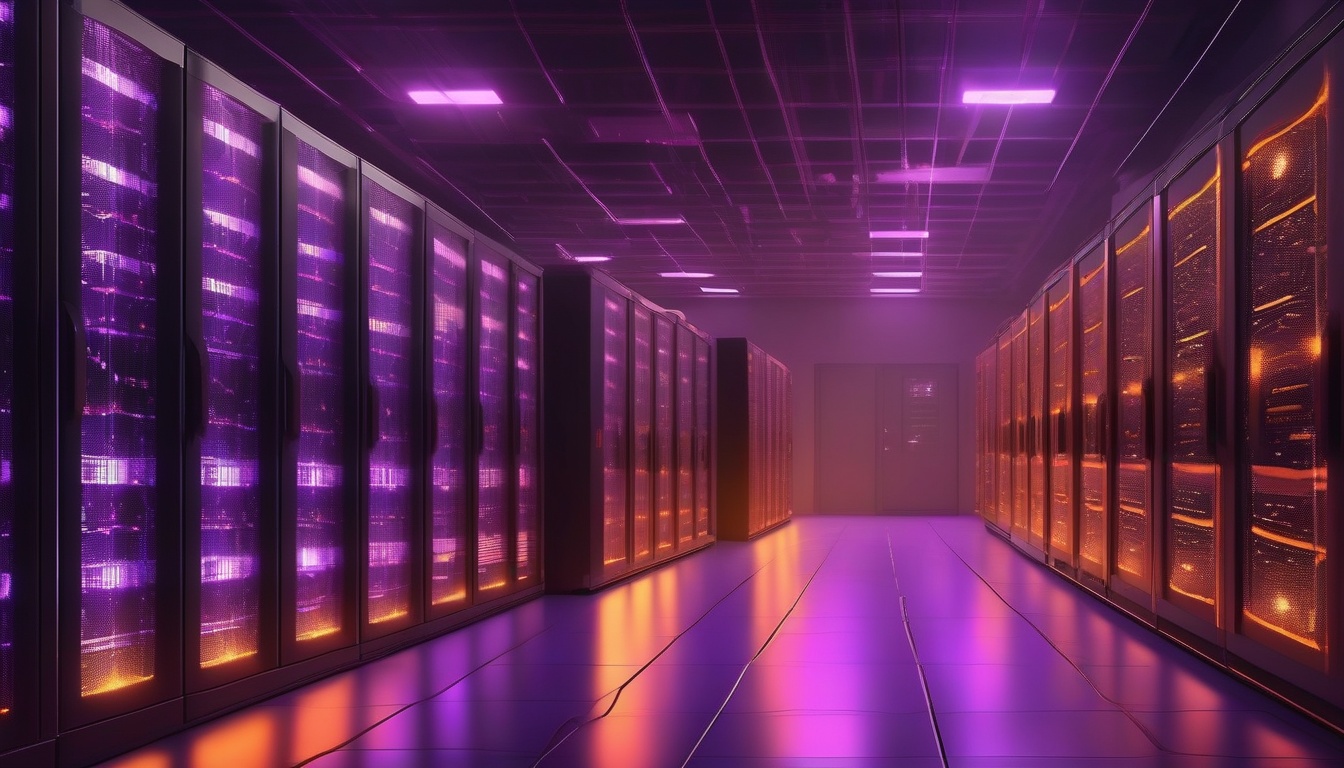 紫色に光るデータセンターのサーバー列と窓の外に見える核融合発電所
